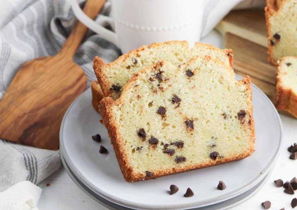 Slices of chocolate chip pound cake on a plate.