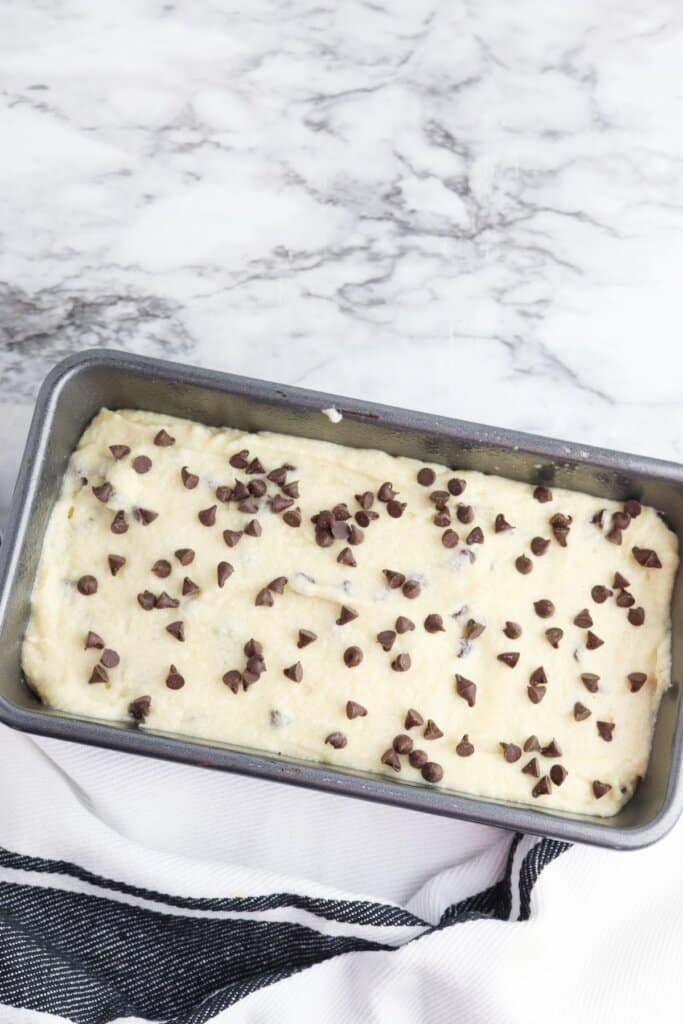 Batter in a loaf pan.
