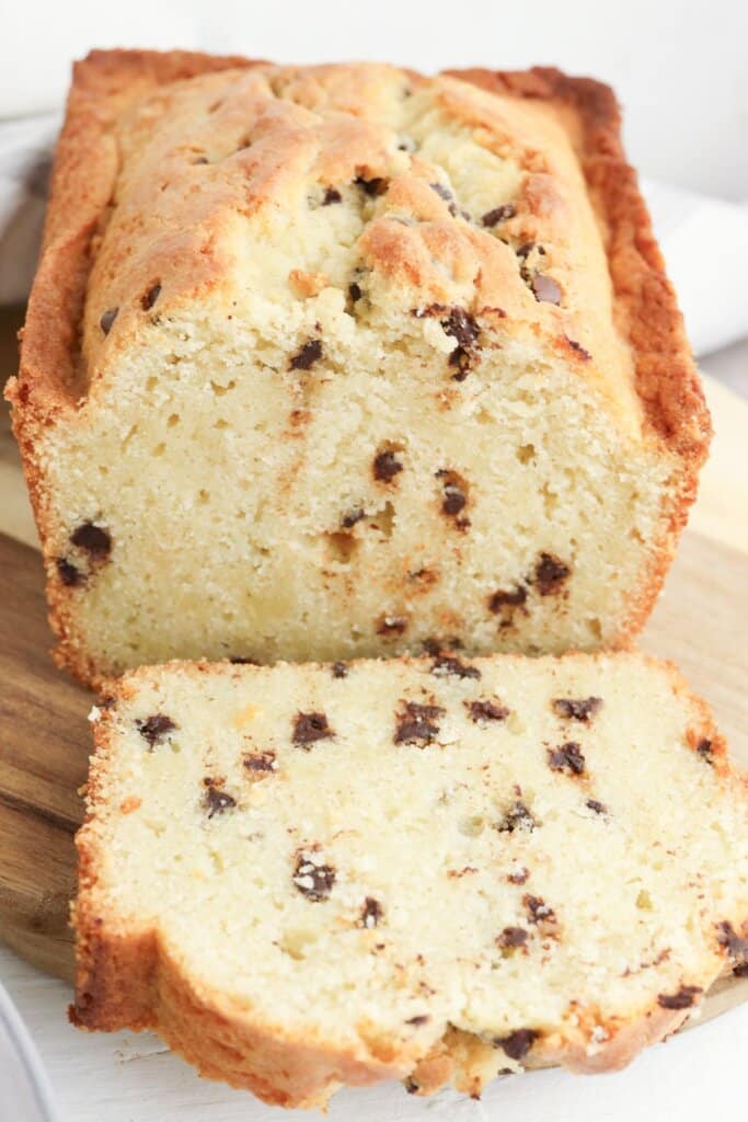 Slices of chocolate chip pound cake on a plate.
