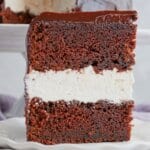 Slice of ding dong cake on a small plate.