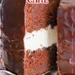 Slice of ding dong cake on a small plate.