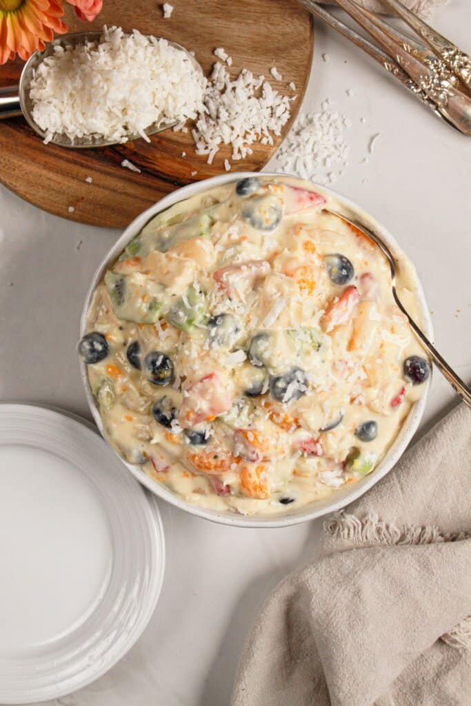 White bowl full of Hawaiian Cheesecake Salad.