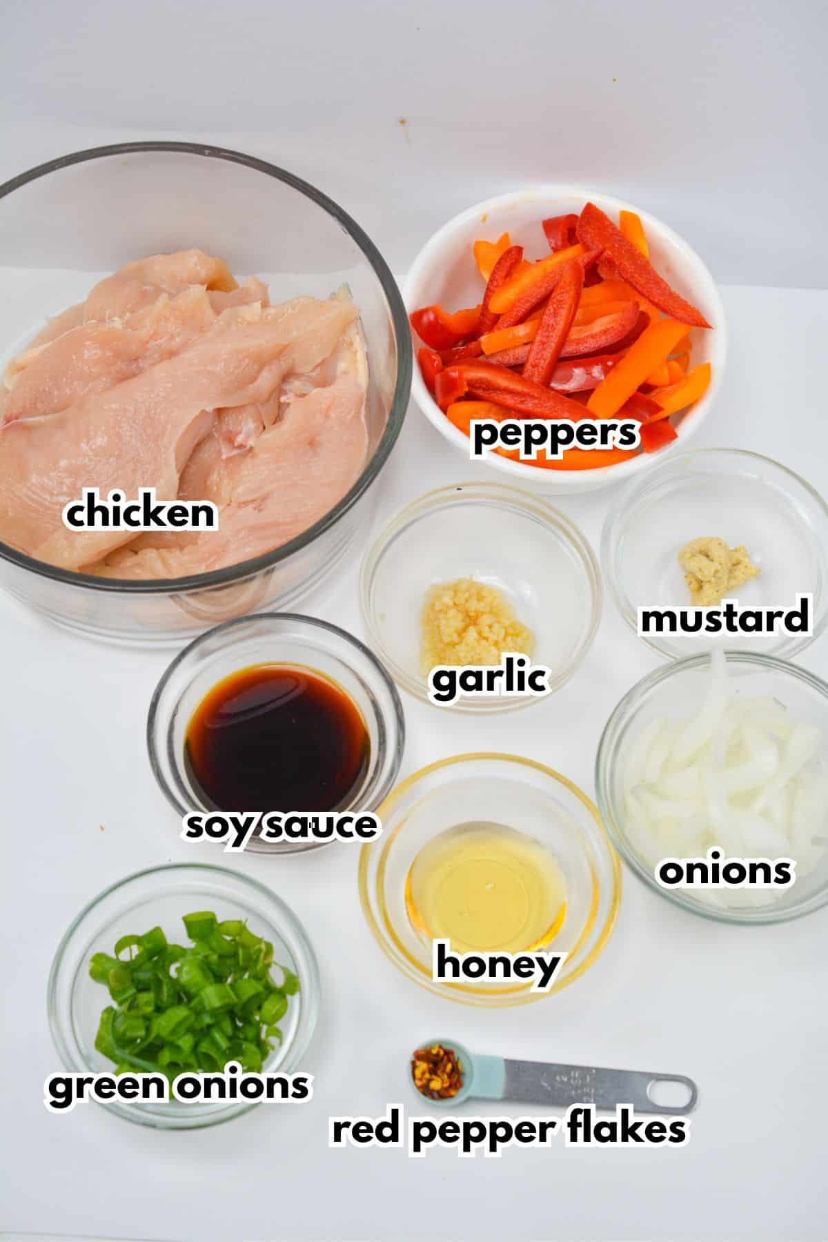 Bowls of ingredients on a counter labelled with text.