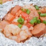 Shrimp and sausage in foil.