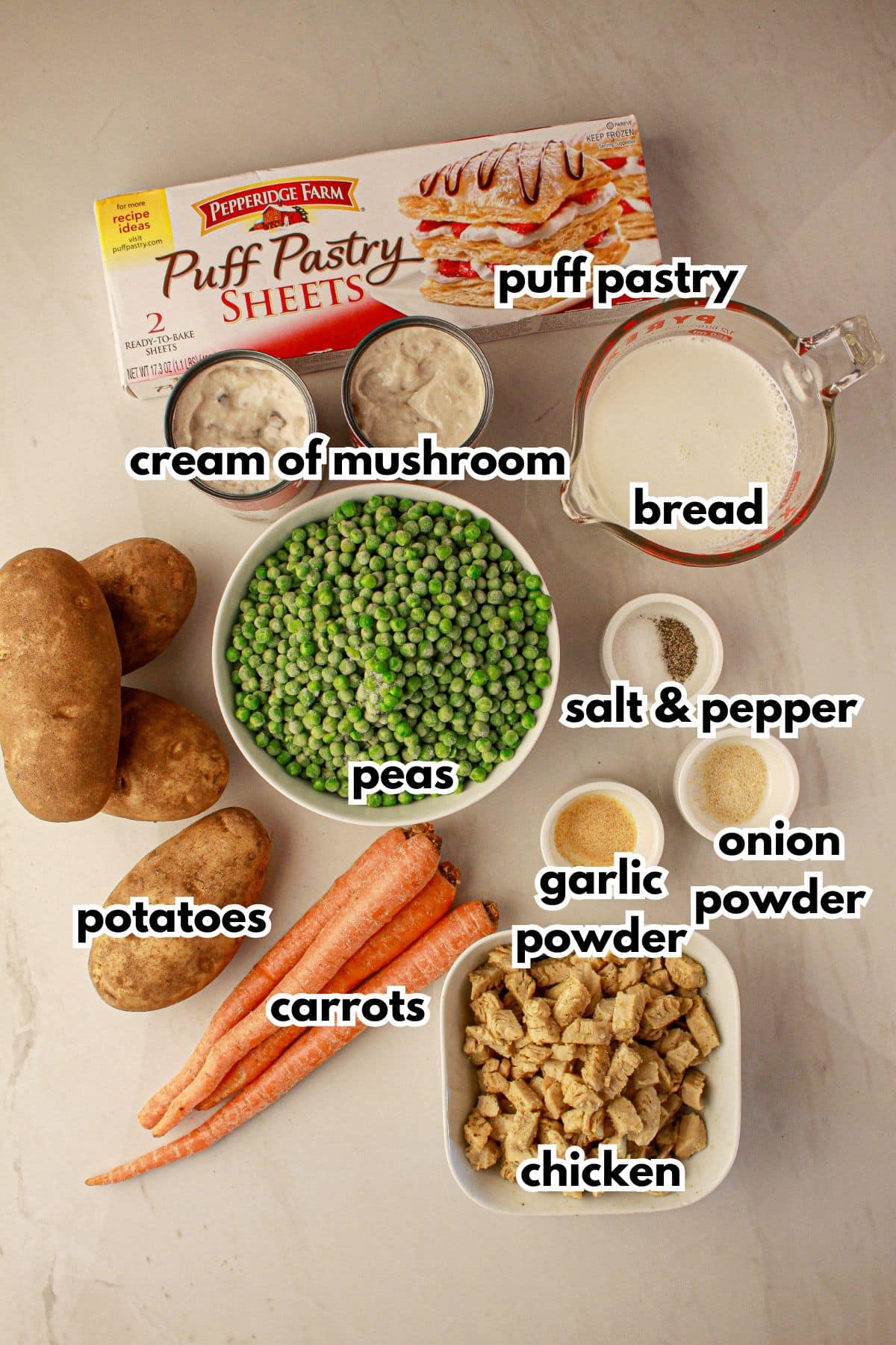 Ingredients labelled with text on a counter.
