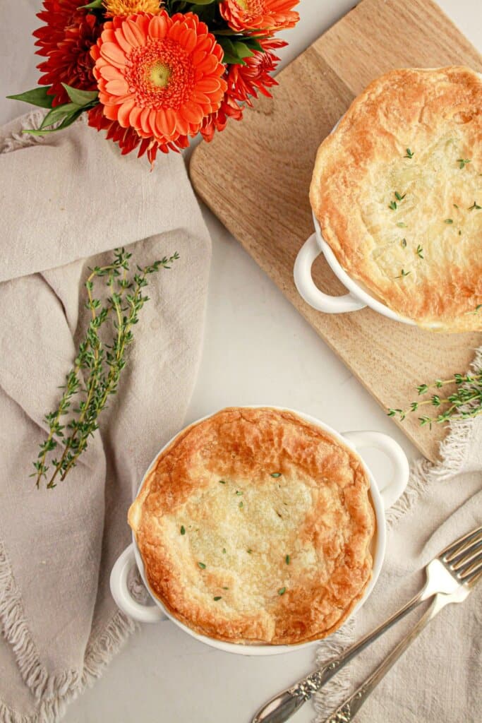 Finished pot pie on a table.