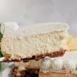 Slice of cheesecake on a spatula held in the air.