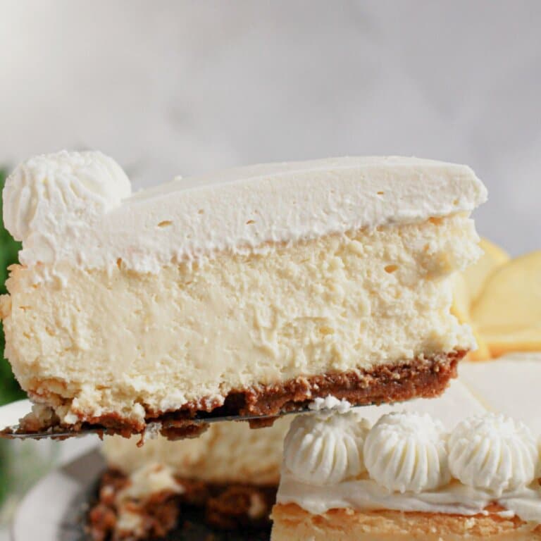 Slice of cheesecake on a spatula held in the air.