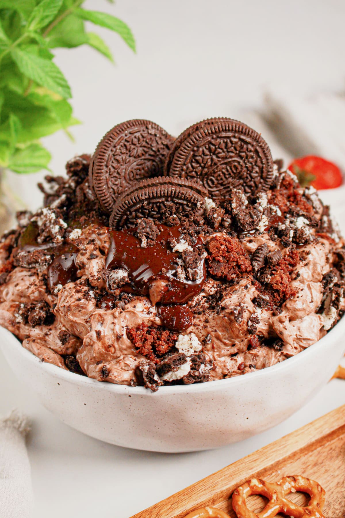 Oreo fluff in a white serving bowl.