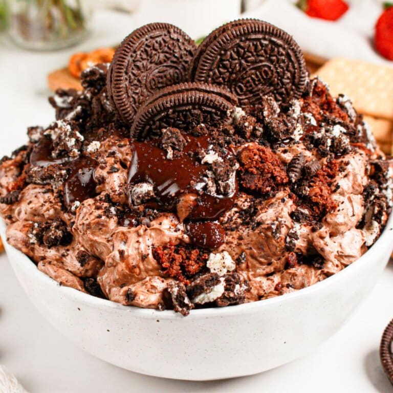 Oreo fluff in a white serving bowl.