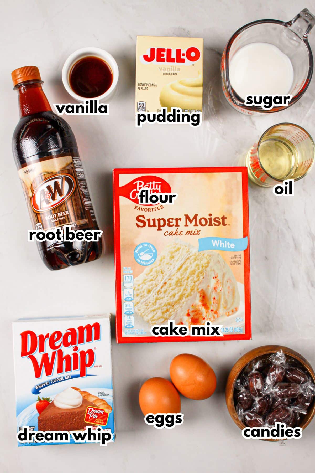 Ingredients on a counter labelled with text.