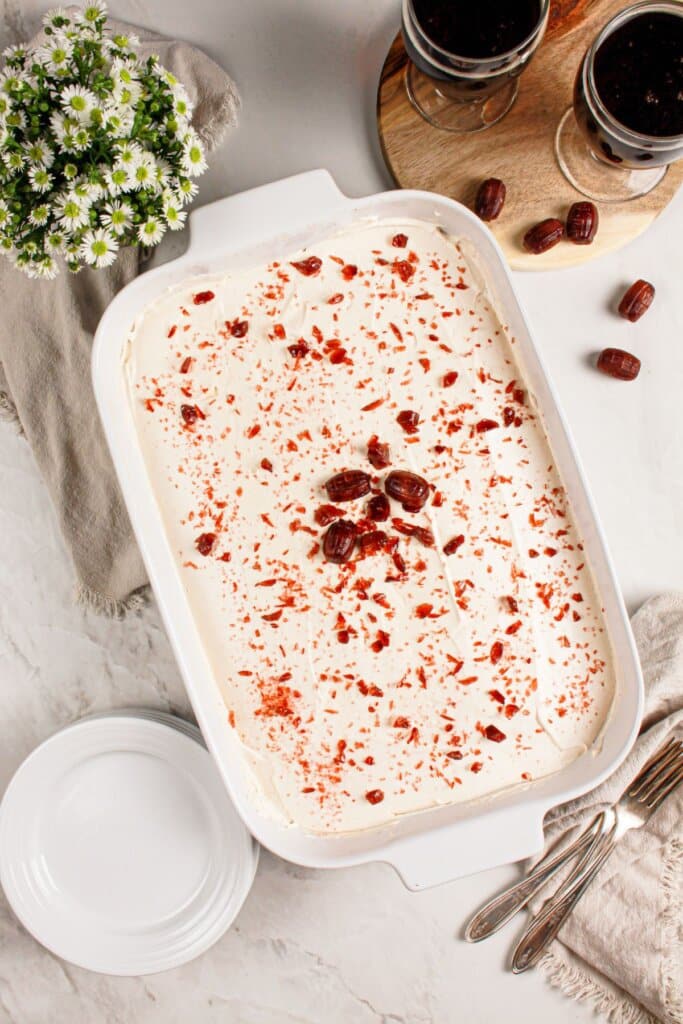 Root beer float cake on a table in a white baking dish.