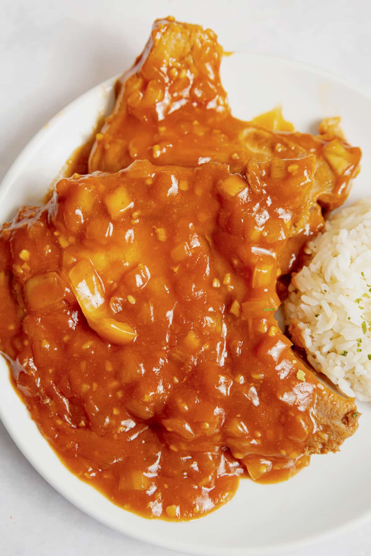Pork chops and rice on a plate.