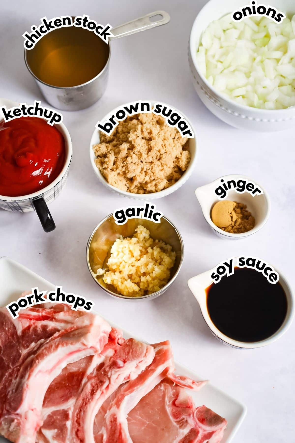 Bowls of ingredients on a counter labelled with text.