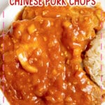 Pork chops and rice on a plate.