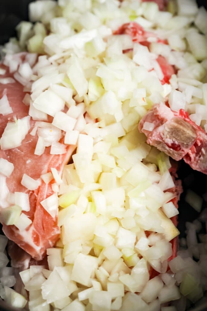 Onions being added to crockpot.