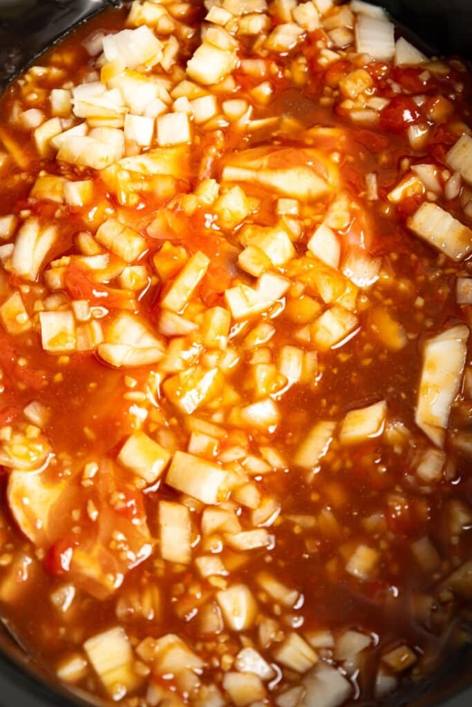 Onions in a crock pot.