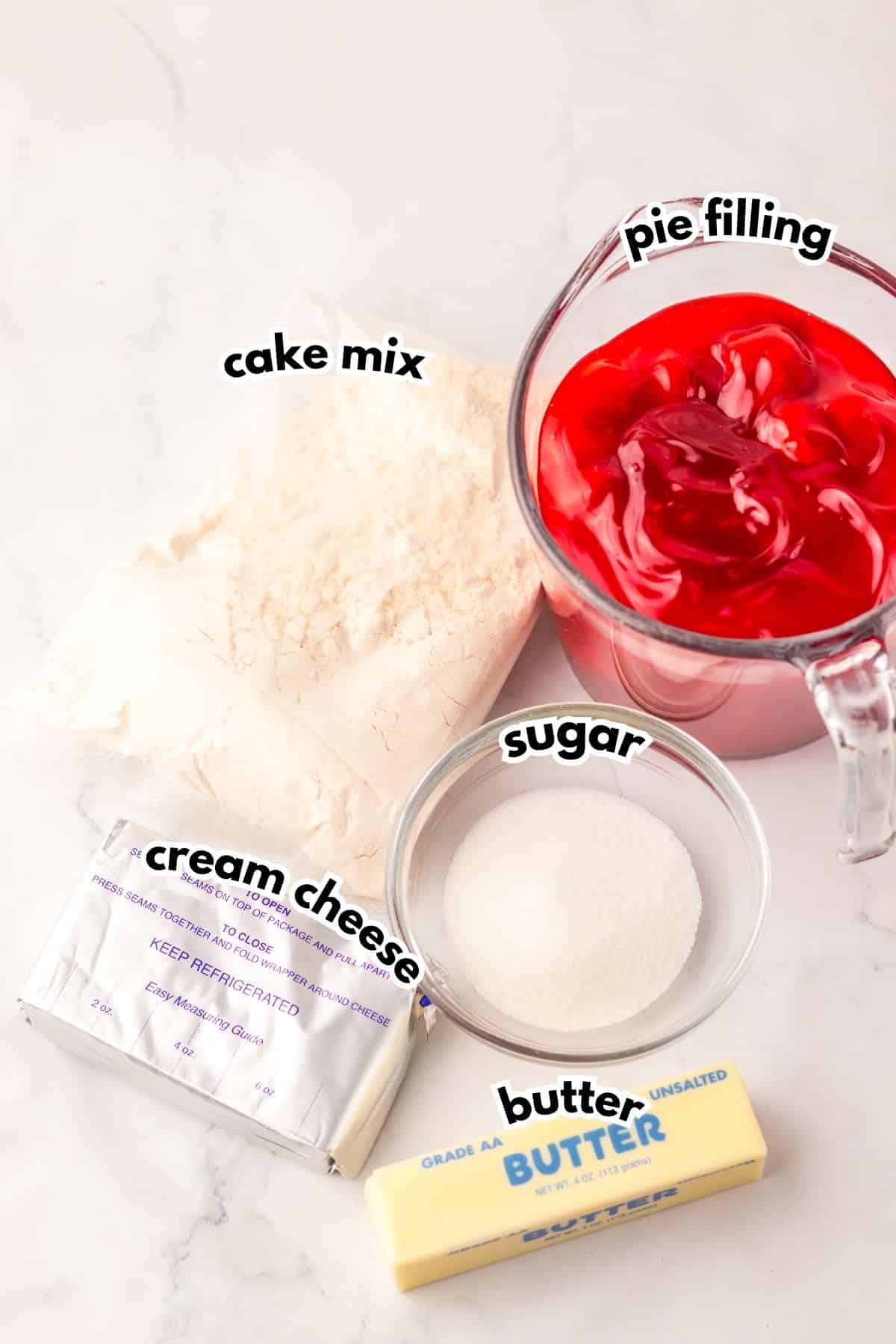 Bowls of ingredients on a counter labelled with text.