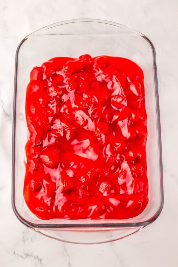 Pie filling in a glass baking dish.