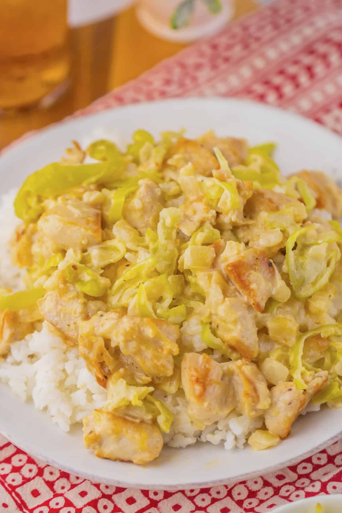 Plate of rice and pepperoncini chicken.
