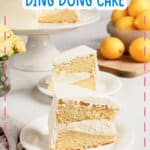 Slice of lemon ding dong cake on a plate.