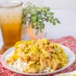 Plate of rice and pepperoncini chicken.