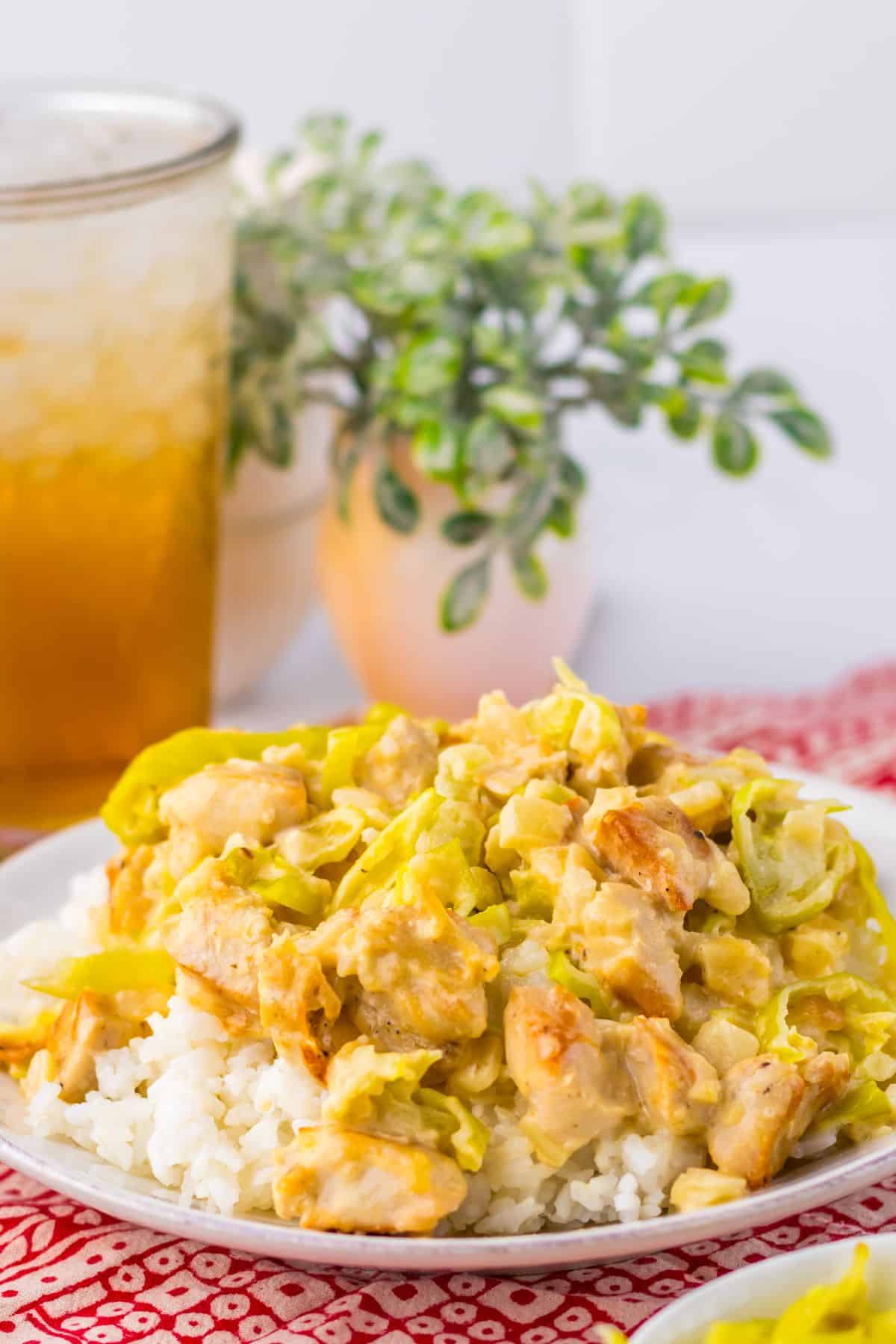 Plate of rice and pepperoncini chicken.