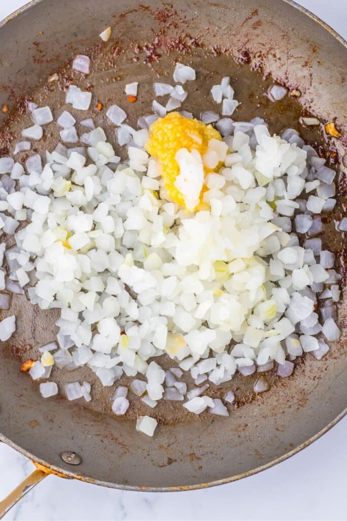 Onions and garlic in a large skillet.