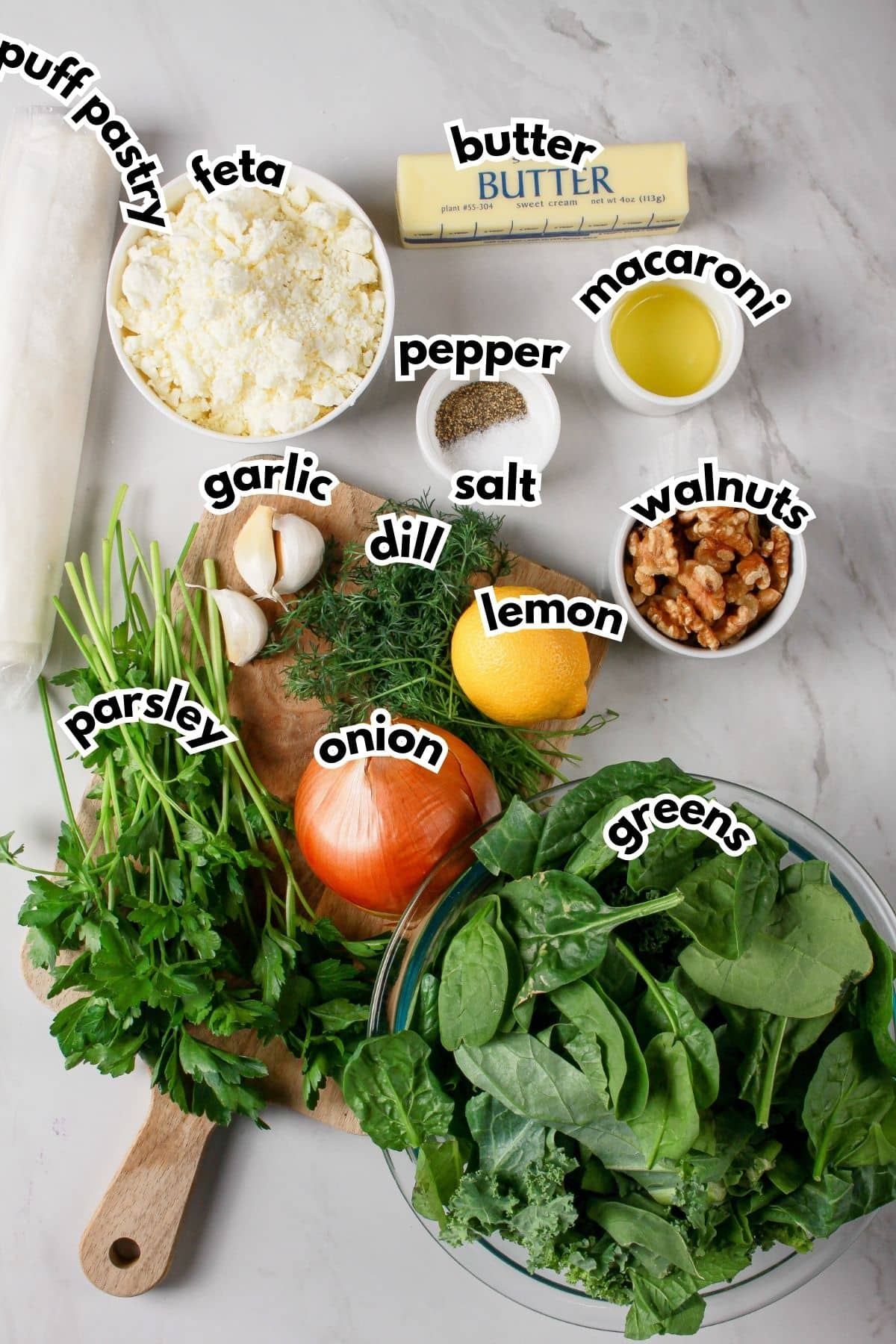 Ingredients on a counter labelled with text ready to cook.