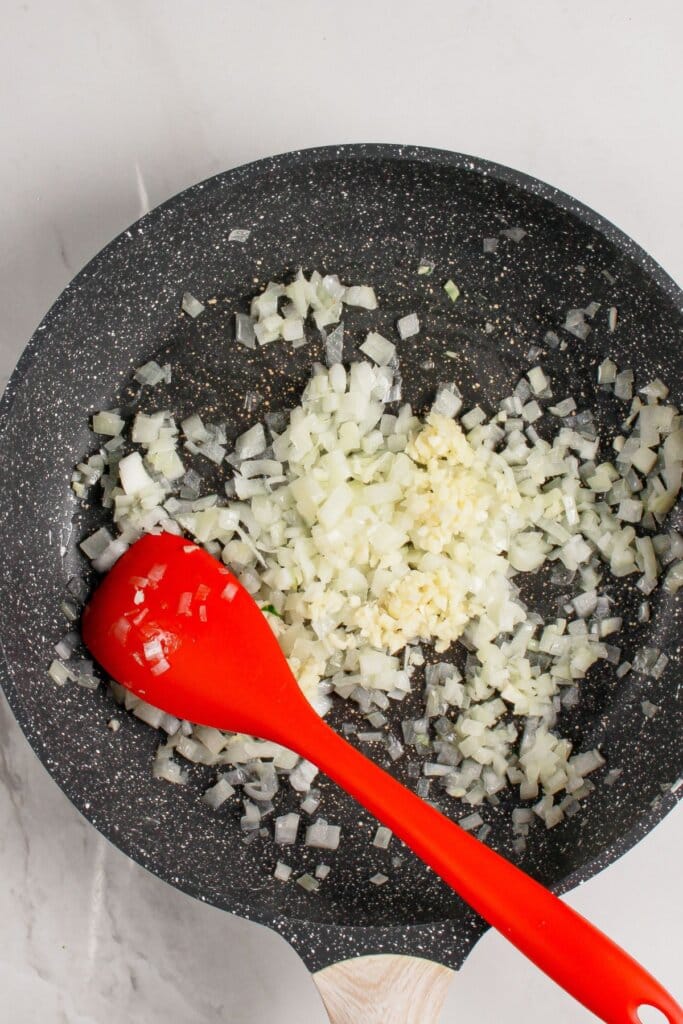 Onions and garlic in a large skillet.