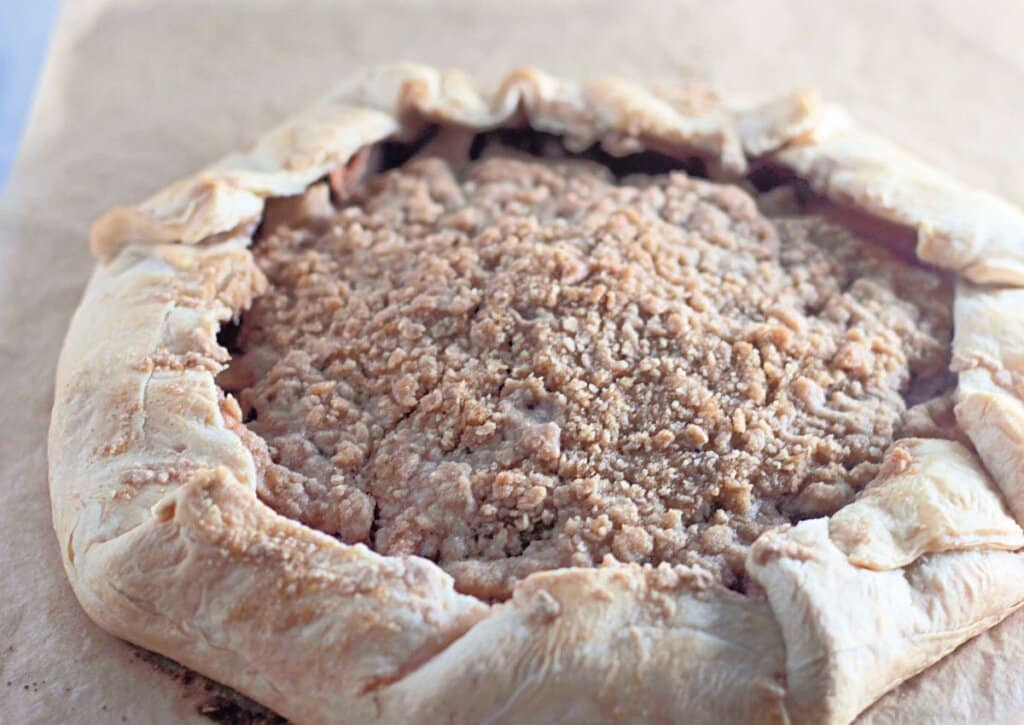 Baked dessert on a parchment lined baking sheet,