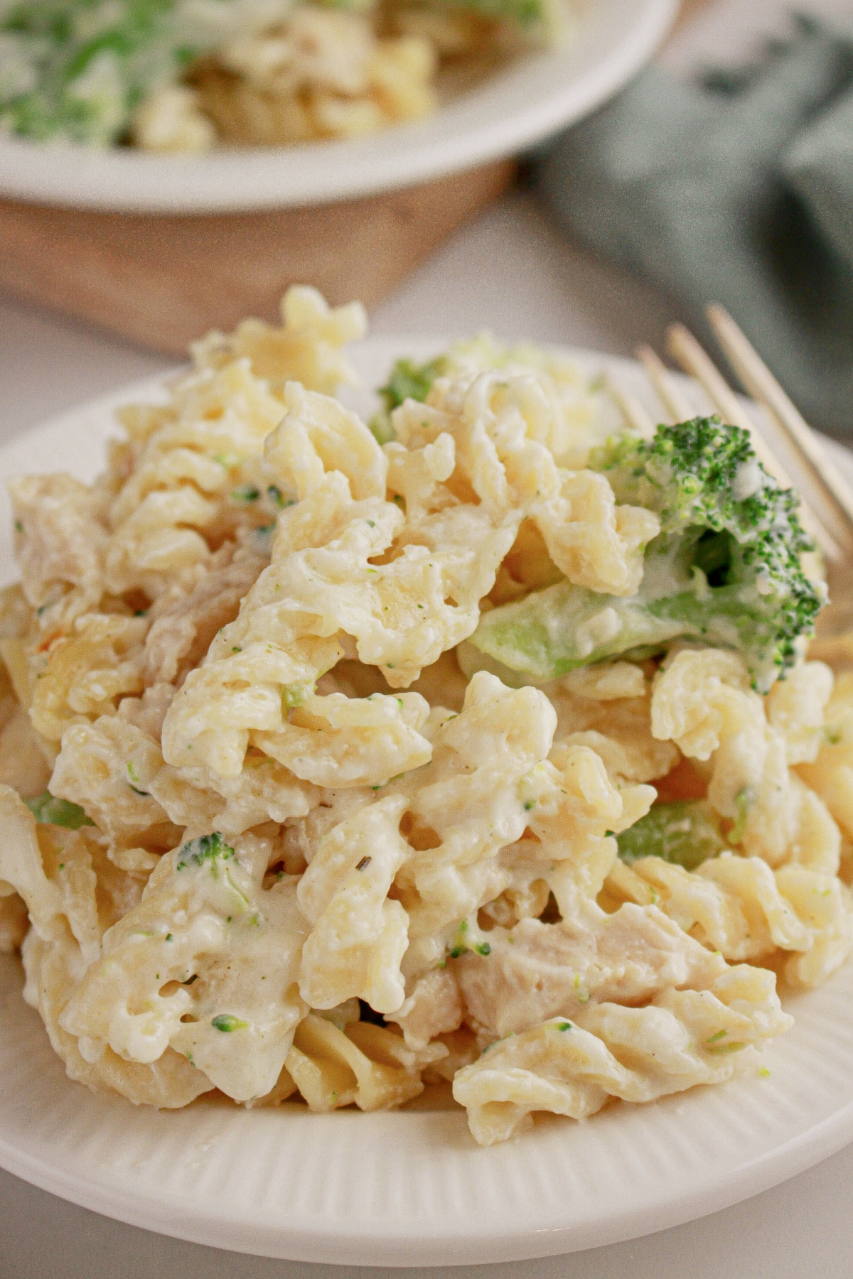 Plate full of bake chicken alfredo.