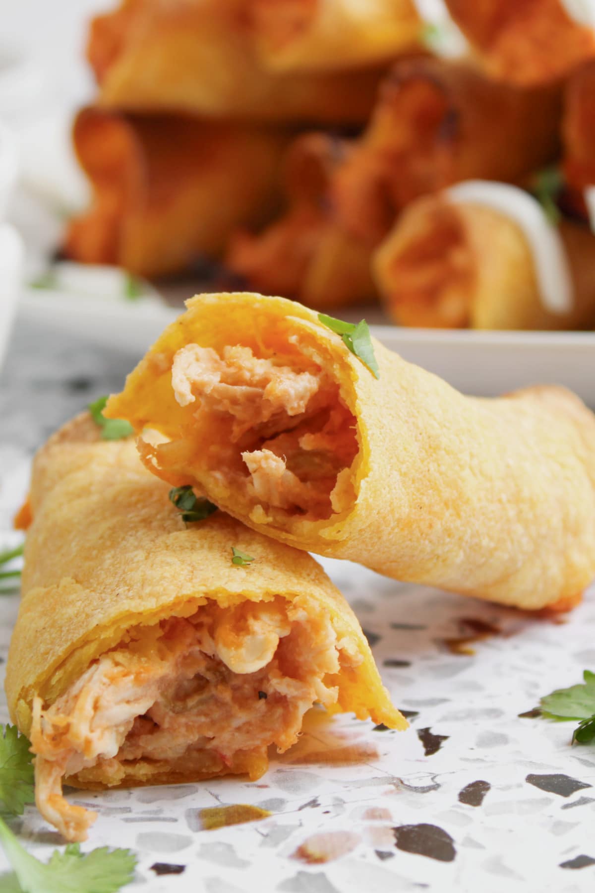 Taquito broken in half on a plate.