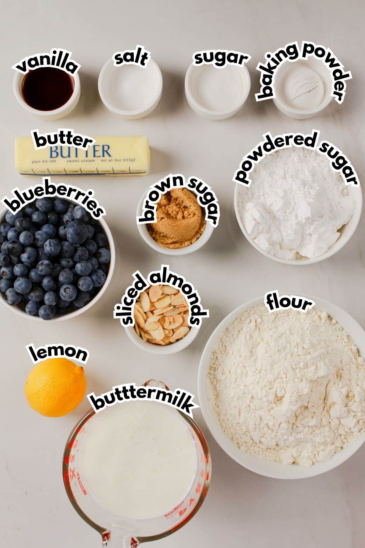 Bowls of ingredients on a counter, ready to cook.