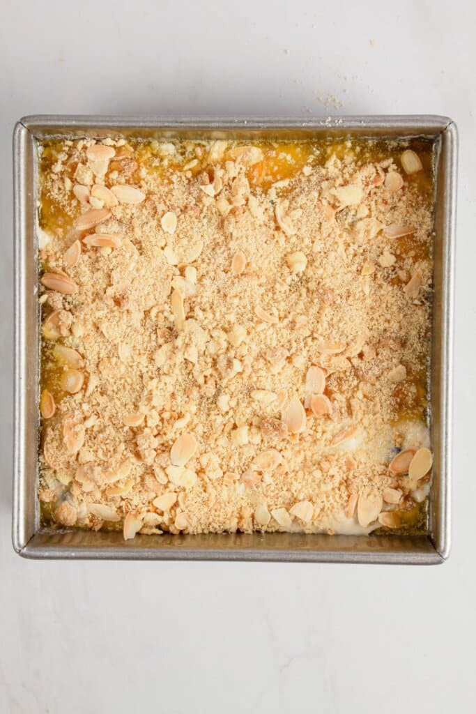 Streusel topping on a dessert.