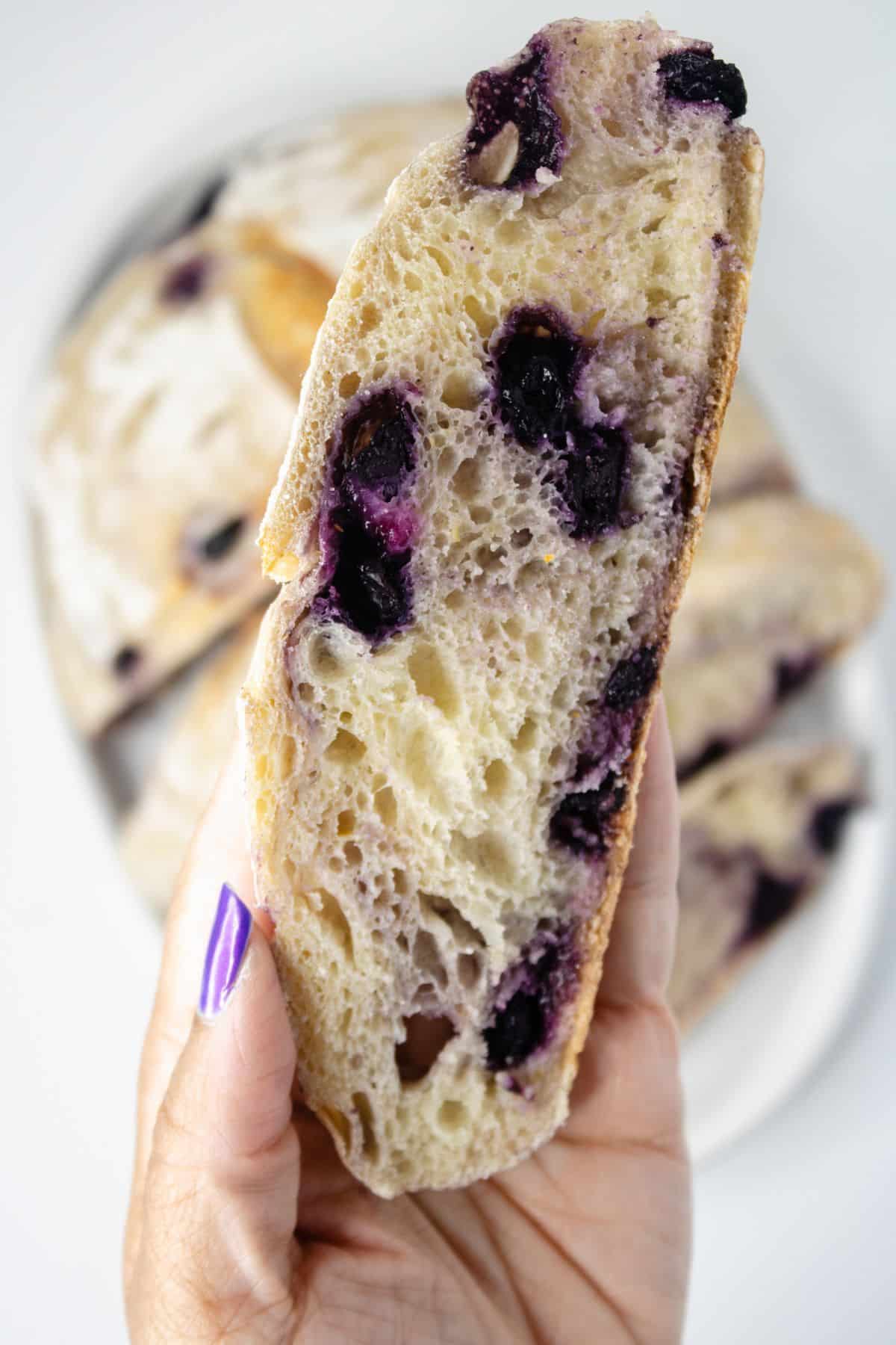 Slice of blueberry sourdough bread held in a woman's hands.
