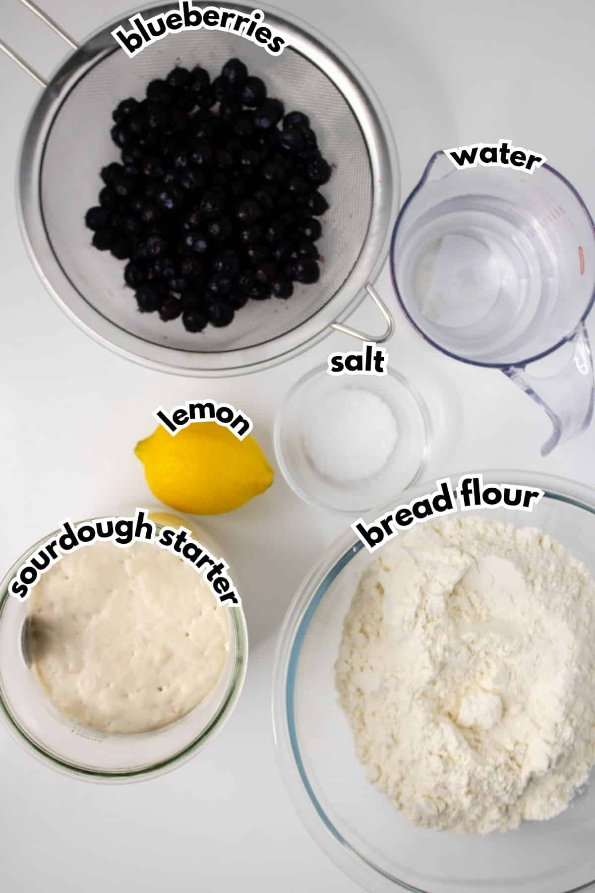 Bowls of ingredients on a counter labelled with text.