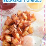 Diced potatoes on a plate with eggs.