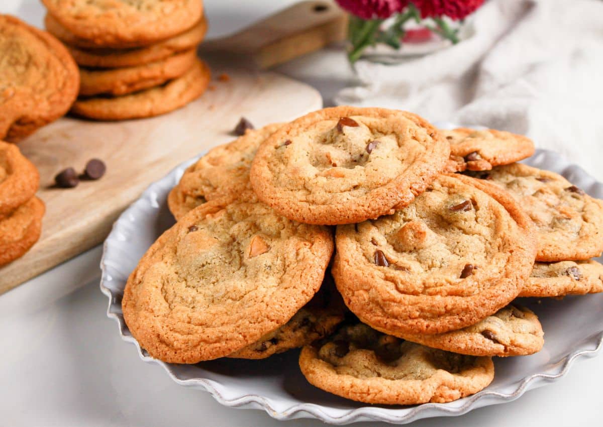 Butterscotch Chocolate Chip cookies on a serving platter.