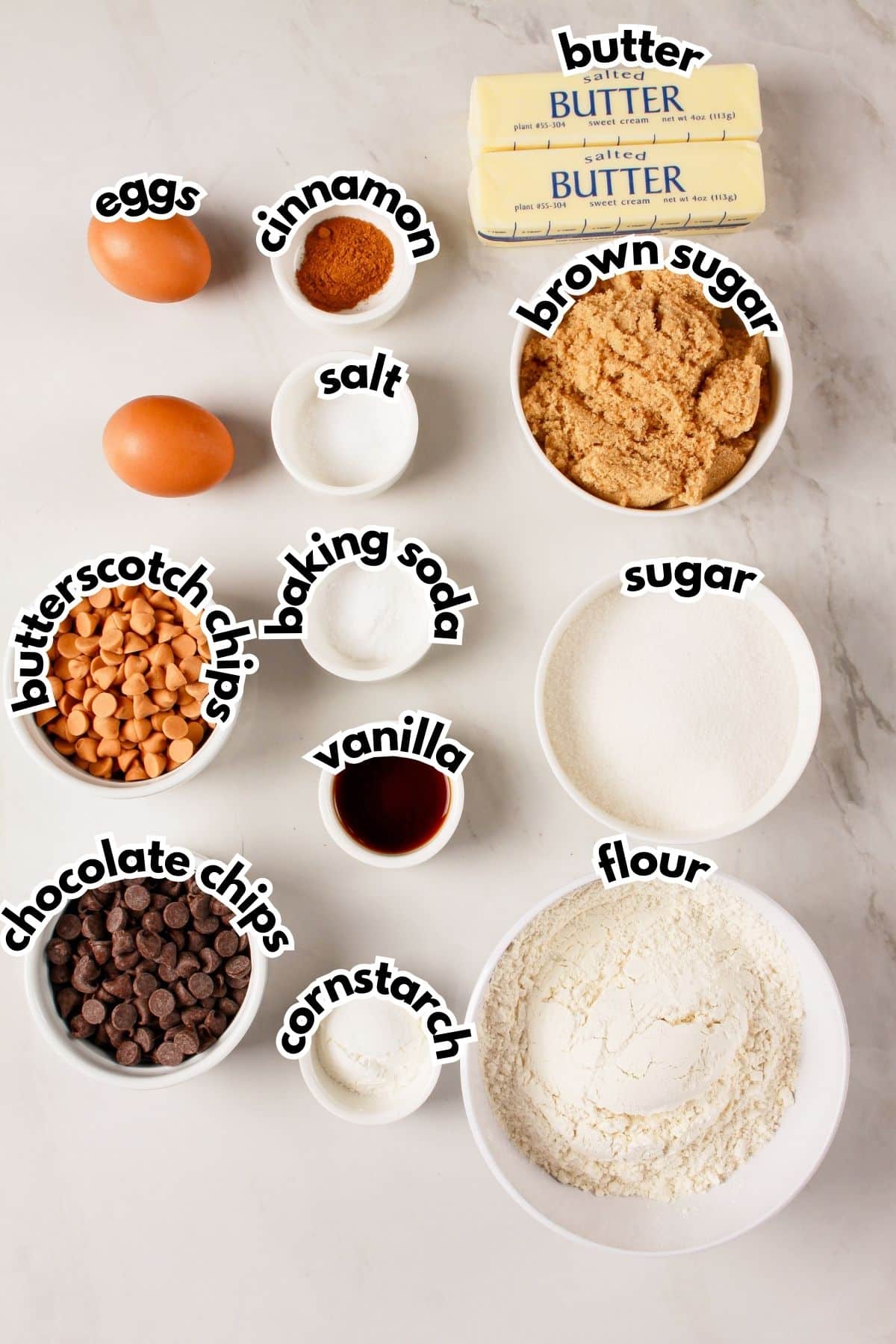 Bowls of ingredients labelled with text.