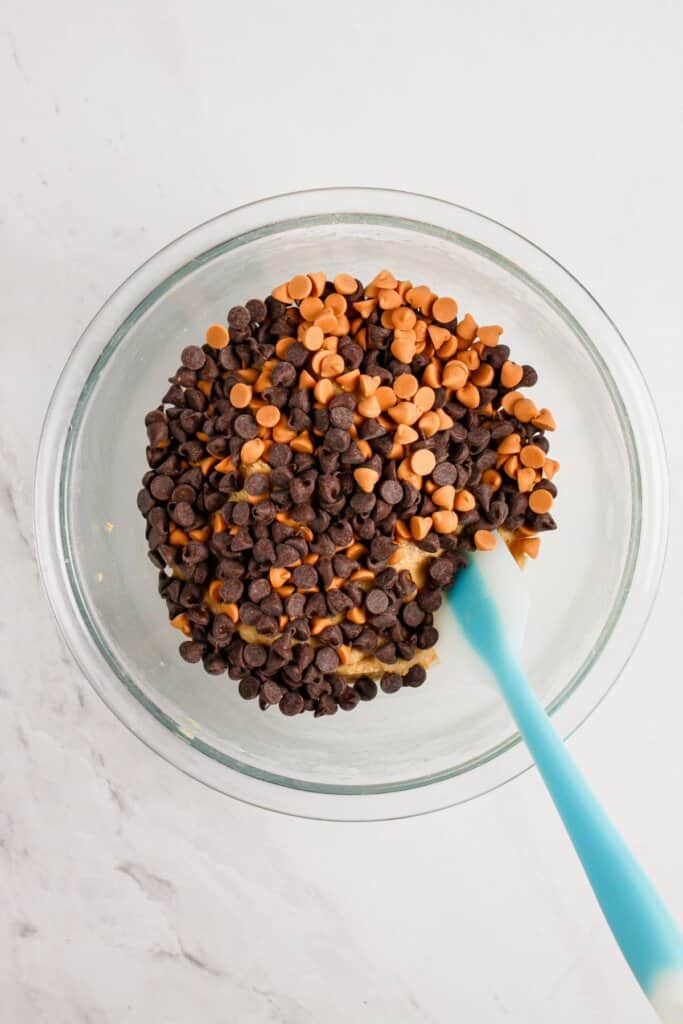 Chocolate chips in a mixing bowl.