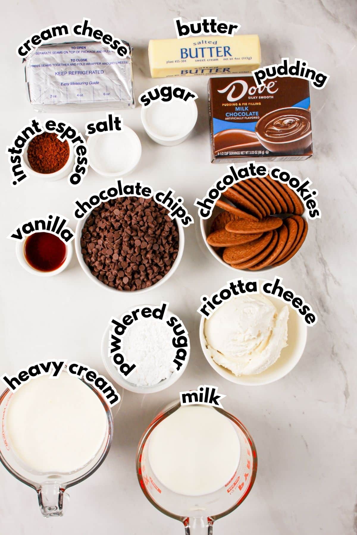 Bowls of ingredients labelled with texts on a counter.