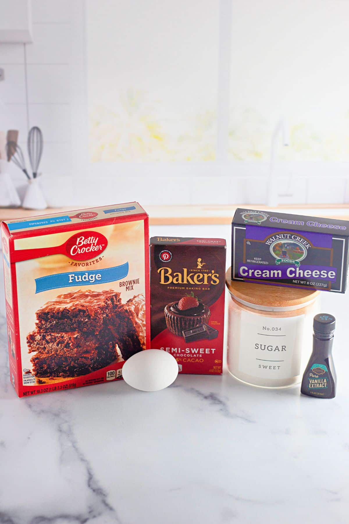 Ingredients in boxes and containers on a counter.