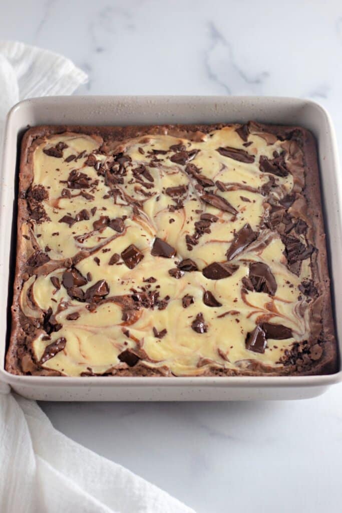 Metal baking dish full of dessert.