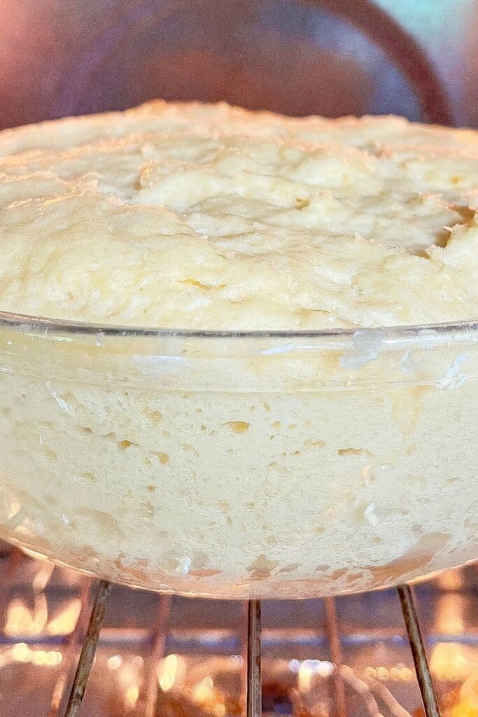 Dough rising in an oven in a glass mixing bowl.