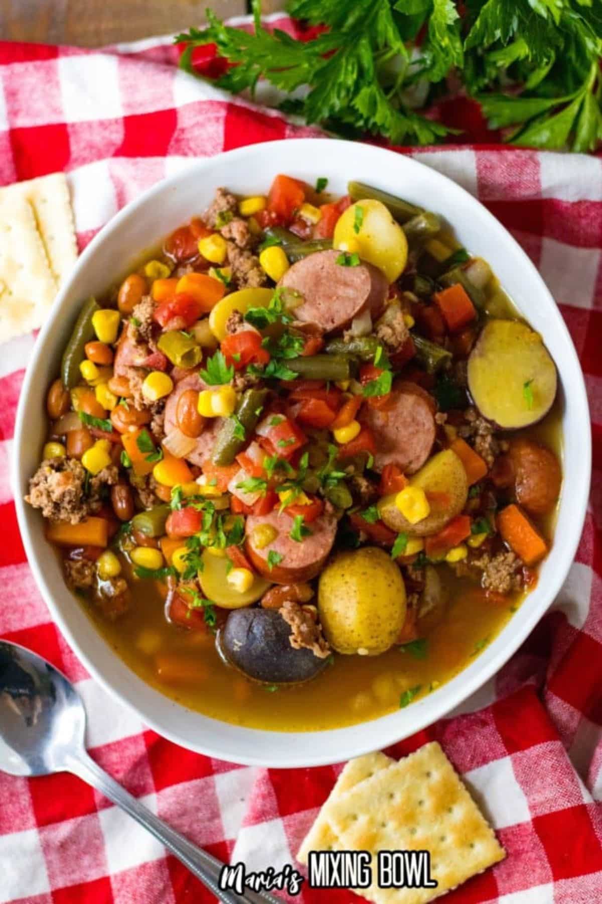 White bowl full of cowboy beef stew.