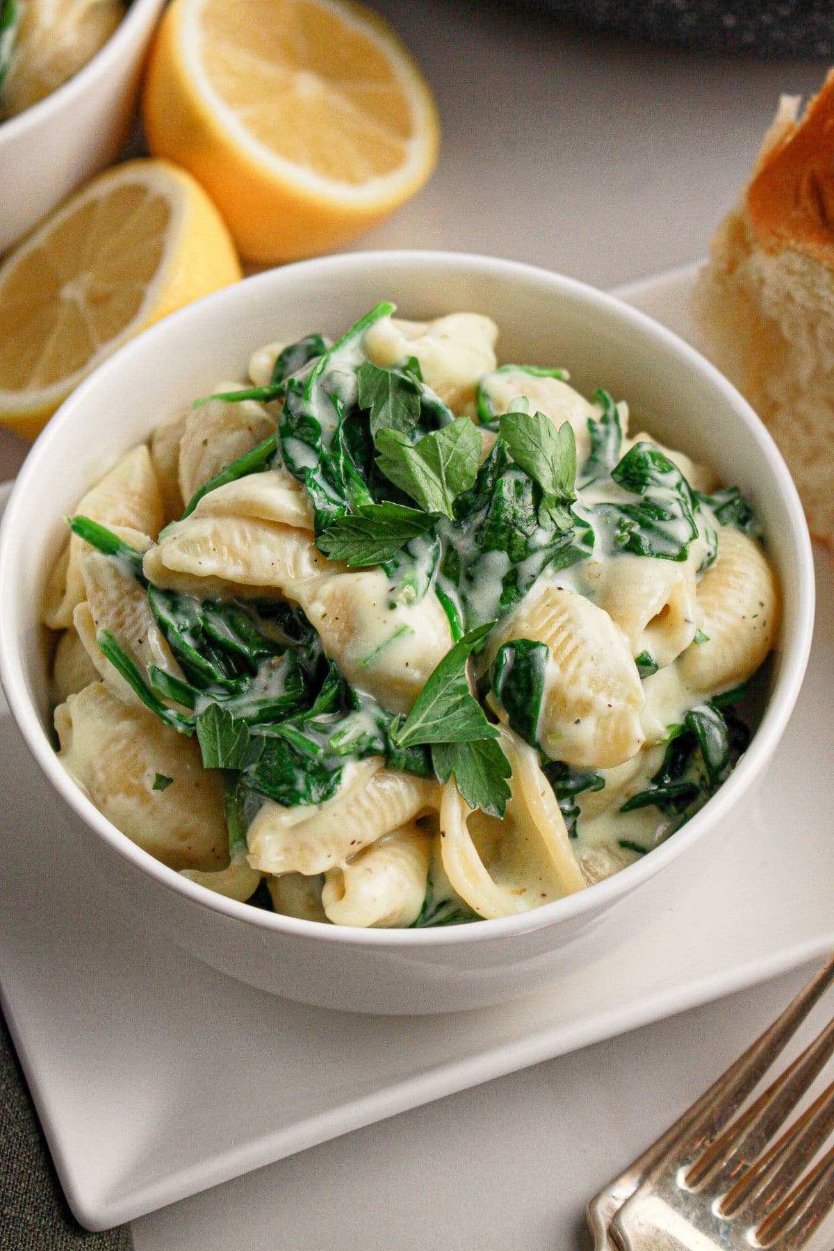 Bowl full of creamy spinach pasta.