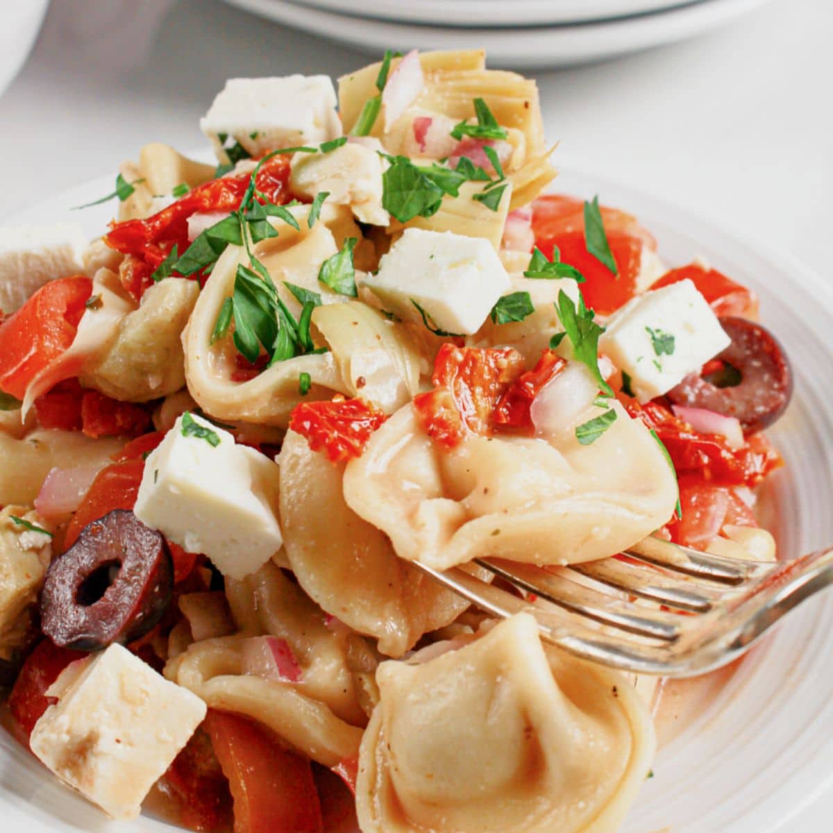 White plate full of greek tortellini pasta salad.