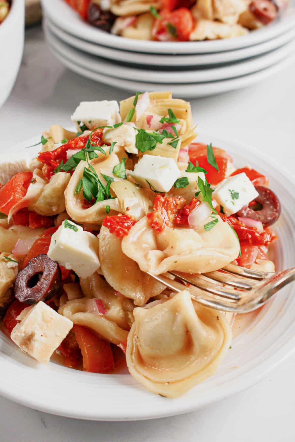 White plate full of greek tortellini pasta salad.