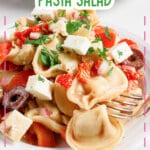 White plate full of greek tortellini pasta salad.